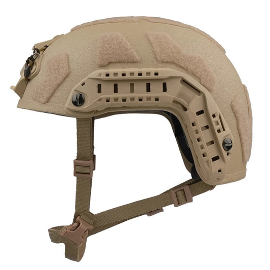 Profile view of Tan Level IIIA FAST SF maritime tactical ballistic helmet, UHMWPE military combat helmet with side rails and hook-and-loop patches