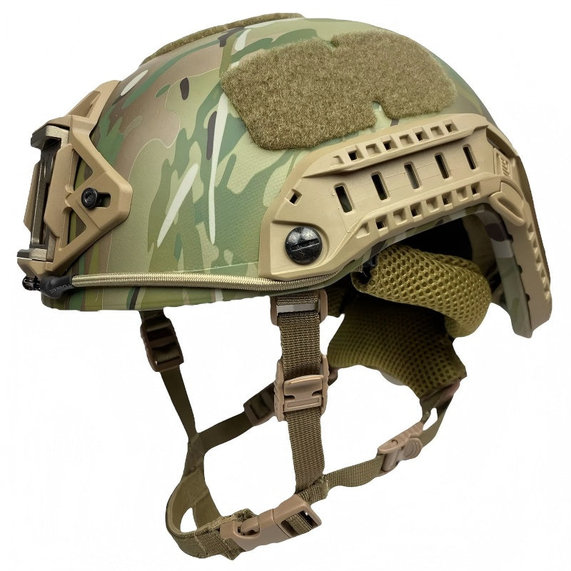 Front-side view of MC camo Level IIIA FAST SF maritime tactical ballistic helmet, Aramid construction with side rails and hook-and-loop patches