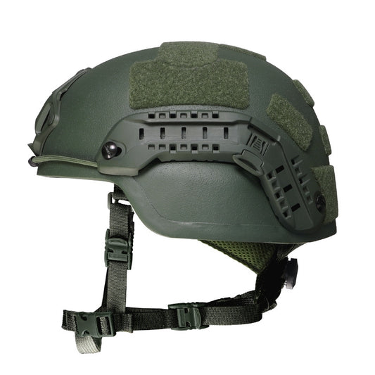 Side view OD Green Level IIIA ACH MICH2000 tactical ballistic helmet, UHMWPE military combat helmet with accessory rail system