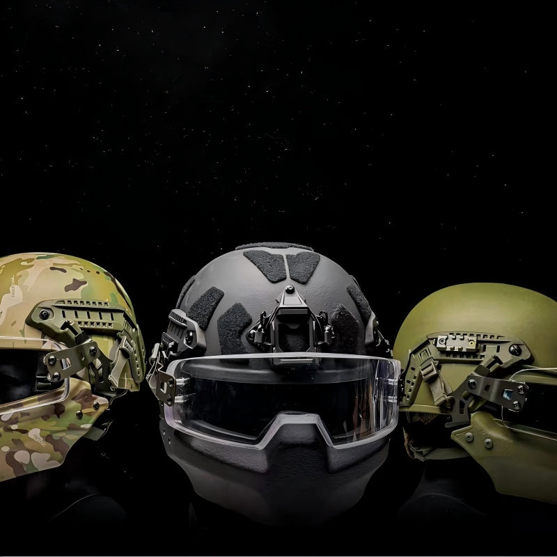 Color variety shot of Level IIIA ACH MICH2000 tactical ballistic helmets with face armor, available in multiple tactical colors
