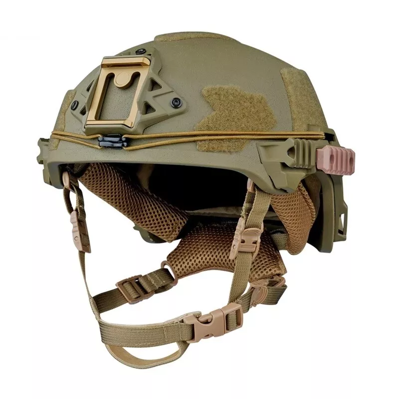 Front side view of RG Rainforest Green Wendy Rail3 tactical ballistic helmet, Level IIIA aramid military ballistic combat helmet with golden front NVG mount and side tactical accessory rails