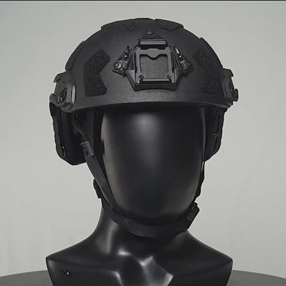 Video demo of Level IIIA FAST SF maritime tactical ballistic helmet, showing Black model mounted on a mannequin, highlighting design features and hook-and-loop patches