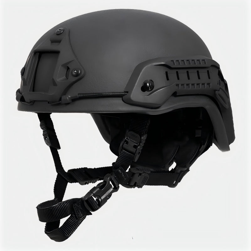 Front view of Black (BK) Level IIIA ACH high-cut tactical ballistic helmet, UHMW-PE construction with front mount and rails