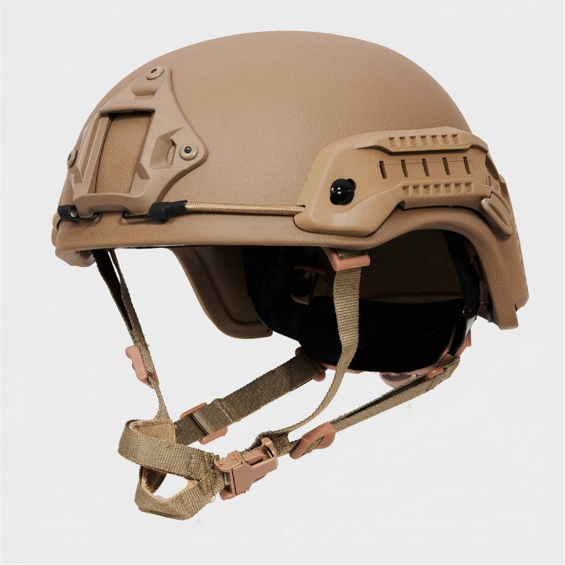 Front view of Coyote Brown (CB) Level IIIA ACH high-cut tactical ballistic helmet, UHMW-PE construction with front mount and rails