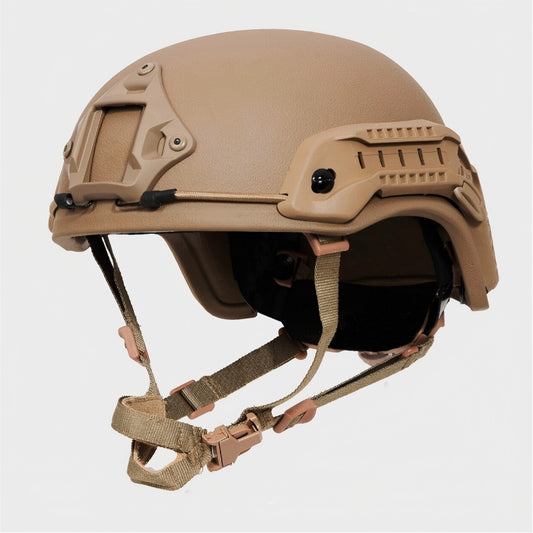 Front view of Coyote Brown (CB) Level IIIA ACH high-cut tactical ballistic helmet, UHMW-PE construction with front mount and rails