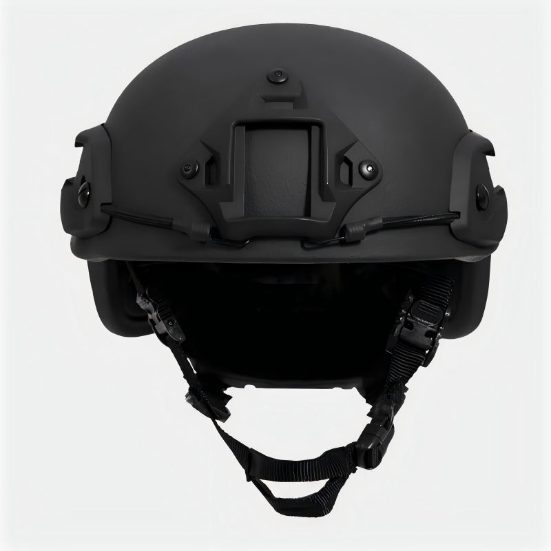 Full front view of Black (BK) Level IIIA ACH high-cut tactical ballistic helmet, UHMW-PE construction with NVG mount and retention strap