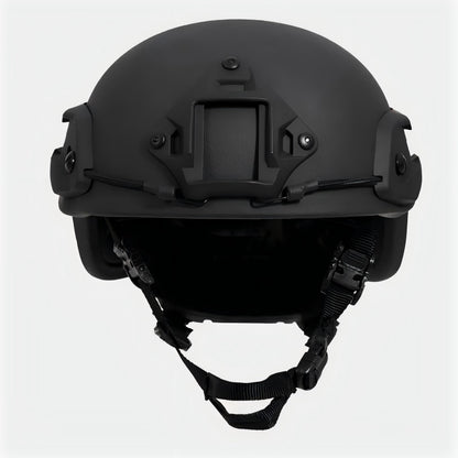 Full front view of Black (BK) Level IIIA ACH high-cut tactical ballistic helmet, UHMW-PE construction with NVG mount and retention strap