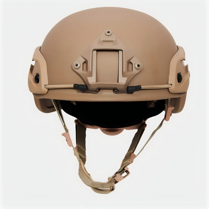 Full front view of Coyote Brown (CB) Level IIIA ACH high-cut tactical ballistic helmet, UHMW-PE construction with NVG mount and retention straps