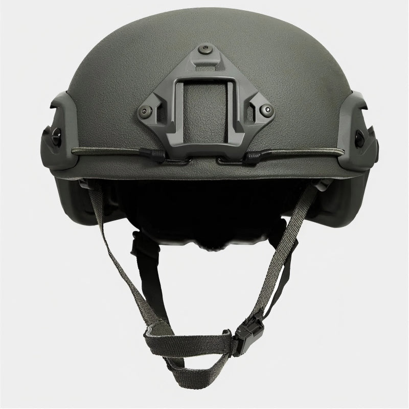 Full front view of Olive Drab (OD) Level IIIA ACH high-cut tactical ballistic helmet, UHMW-PE construction with NVG mount and retention straps