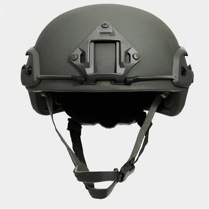 Full front view of Olive Drab (OD) Level IIIA ACH high-cut tactical ballistic helmet, UHMW-PE construction with NVG mount and retention straps
