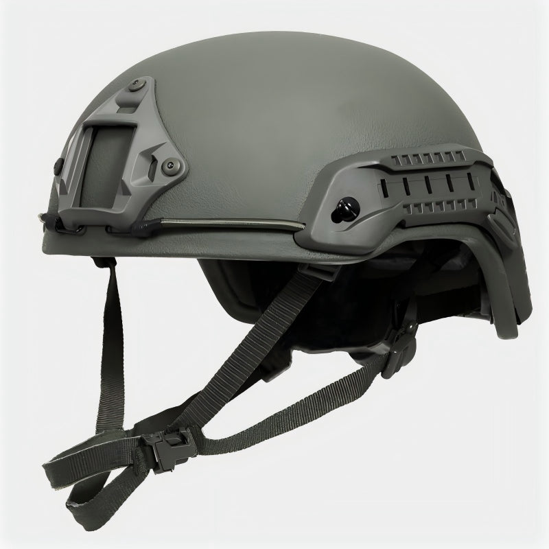Front view of Olive Drab (OD) Level IIIA ACH high-cut tactical ballistic helmet, UHMW-PE construction with front mount and rails