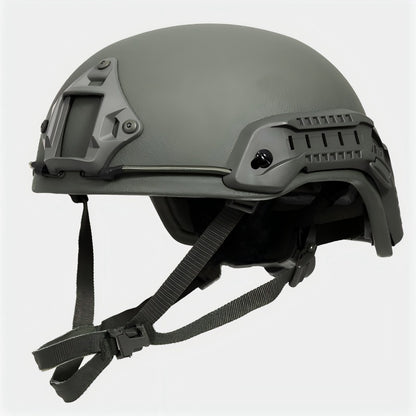 Front view of Olive Drab (OD) Level IIIA ACH high-cut tactical ballistic helmet, UHMW-PE construction with front mount and rails