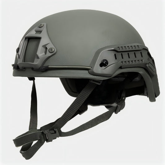 Front view of Olive Drab (OD) Level IIIA ACH high-cut tactical ballistic helmet, UHMW-PE construction with front mount and rails