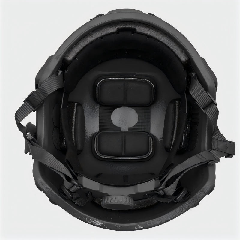 Inner view of Black (BK) Level IIIA ACH high-cut tactical ballistic helmet, showing padded suspension liner and retention system