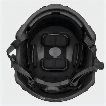 Inner view of Black (BK) Level IIIA ACH high-cut tactical ballistic helmet, showing padded suspension liner and retention system