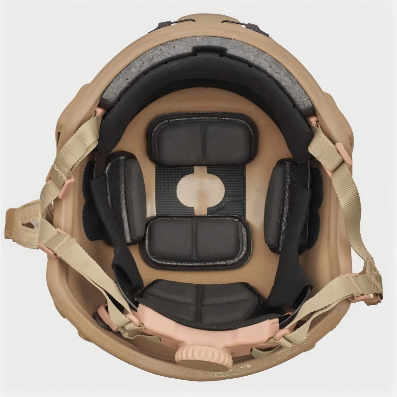 Inner view of Coyote Brown (CB) Level IIIA ACH high-cut tactical ballistic helmet, showing padded suspension liner and retention system