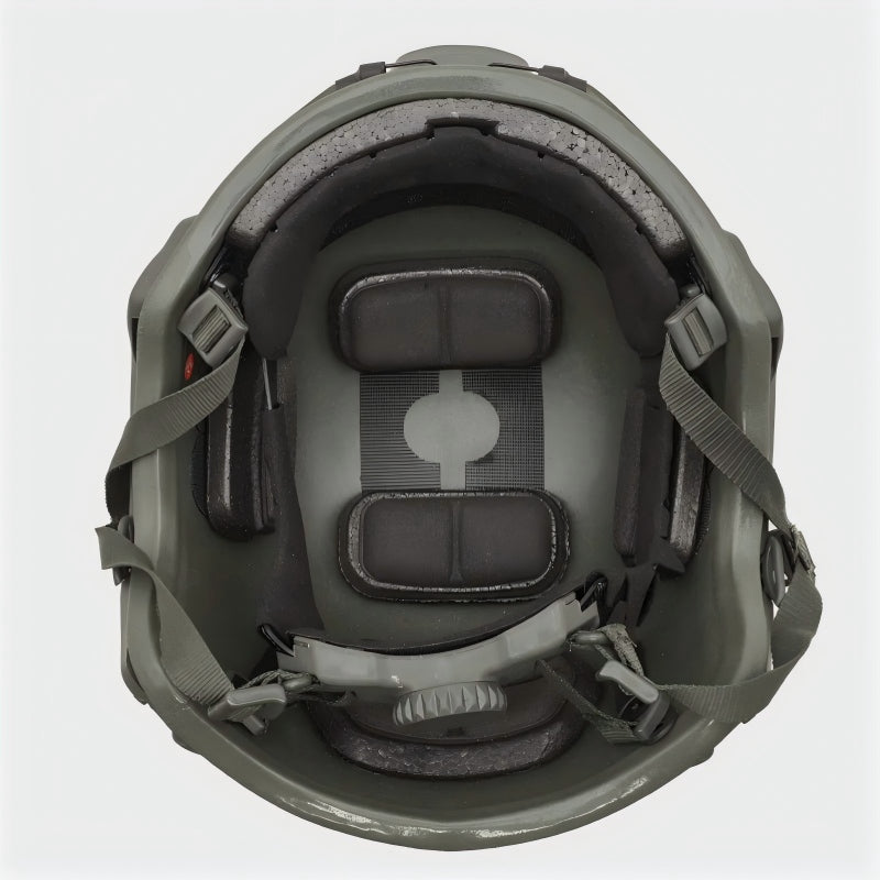 Inner view of Olive Drab (OD) Level IIIA ACH high-cut tactical ballistic helmet, showing padded suspension liner and retention system