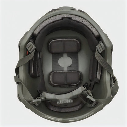 Inner view of Olive Drab (OD) Level IIIA ACH high-cut tactical ballistic helmet, showing padded suspension liner and retention system
