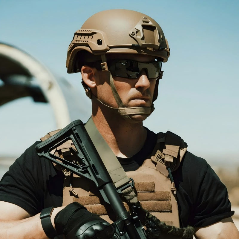 Lifestyle shot of Coyote Brown (CB) Level IIIA ACH high-cut tactical ballistic helmet, worn by an operator with tactical gear, showing the helmet's profile and retention system