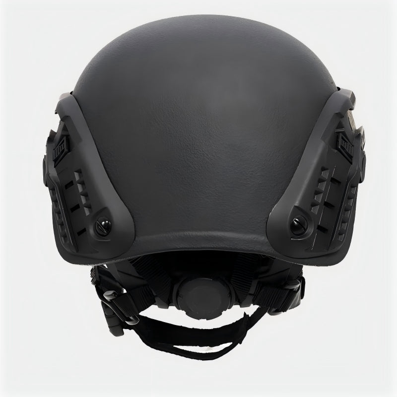 Rear view of Black (BK) Level IIIA ACH high-cut tactical ballistic helmet, UHMW-PE construction with rear adjustment dial and side rails