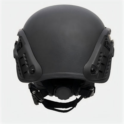 Rear view of Black (BK) Level IIIA ACH high-cut tactical ballistic helmet, UHMW-PE construction with rear adjustment dial and side rails