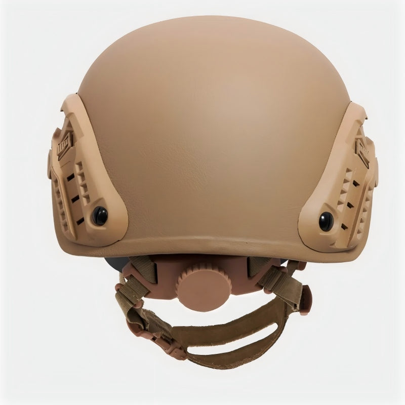 Rear view of Coyote Brown (CB) Level IIIA ACH high-cut tactical ballistic helmet, UHMW-PE construction with rear adjustment dial and side rails