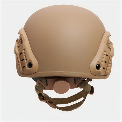 Rear view of Coyote Brown (CB) Level IIIA ACH high-cut tactical ballistic helmet, UHMW-PE construction with rear adjustment dial and side rails