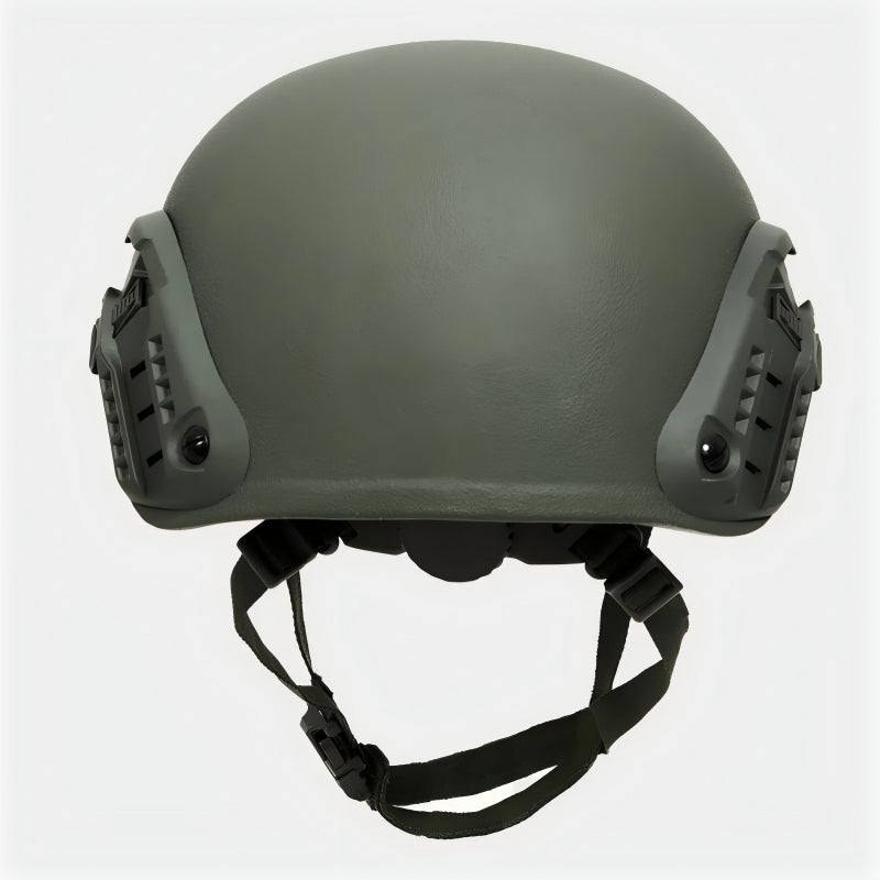 Rear view of Olive Drab (OD) Level IIIA ACH high-cut tactical ballistic helmet, UHMW-PE construction with rear adjustment dial and side rails
