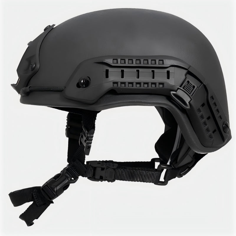 Side view of Black (BK) Level IIIA ACH high-cut tactical ballistic helmet, UHMW-PE construction with side rails