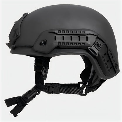 Side view of Black (BK) Level IIIA ACH high-cut tactical ballistic helmet, UHMW-PE construction with side rails
