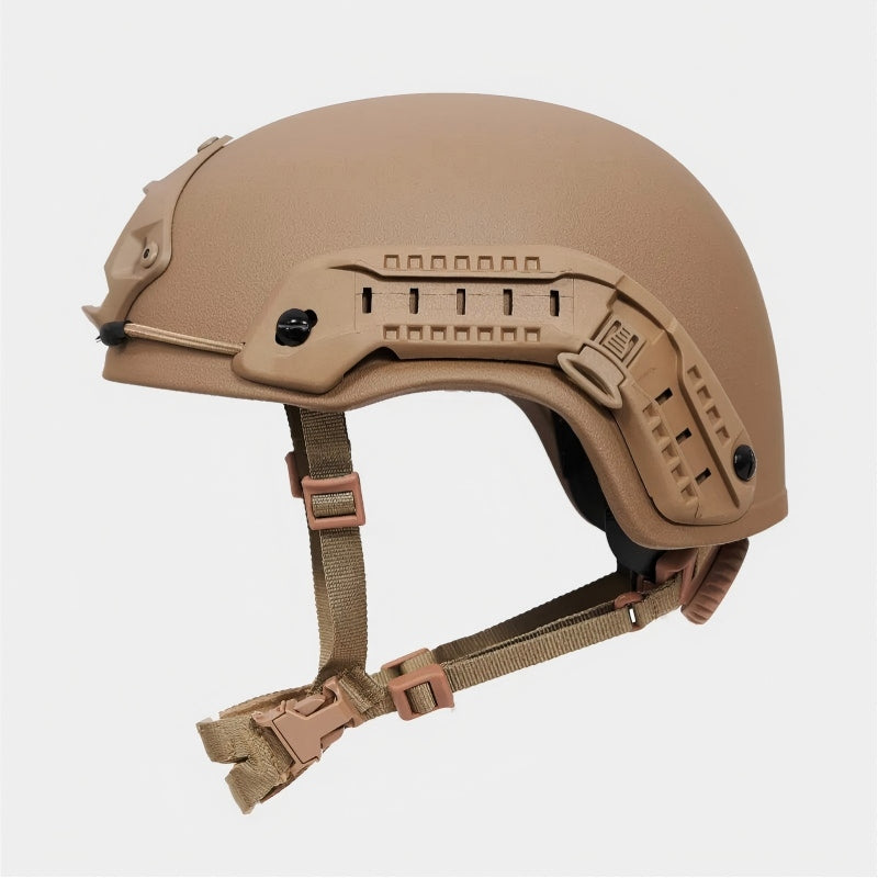 Side view of Coyote Brown (CB) Level IIIA ACH high-cut tactical ballistic helmet, UHMW-PE construction with side railsSide view of Coyote Brown (CB) Level IIIA ACH high-cut tactical ballistic helmet, UHMW-PE construction with side rails