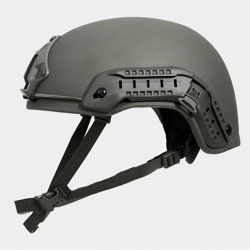 Side view of Olive Drab (OD) Level IIIA ACH high-cut tactical ballistic helmet, UHMW-PE construction with side rails