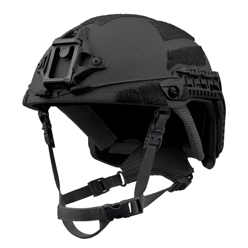 Front view of Black Level IIIA Caiman tactical ballistic helmet, Aramid construction with front mount, rails, and hook-and-loop patches