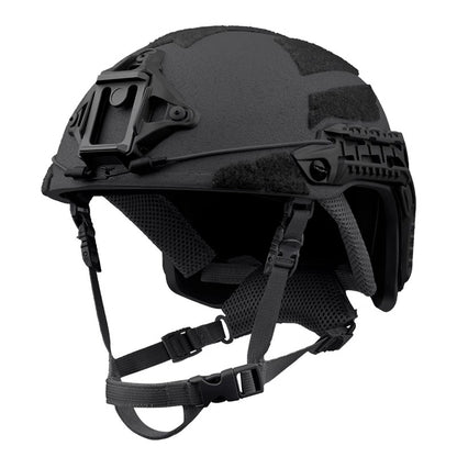 Front view of Black Level IIIA Caiman tactical ballistic helmet, Aramid construction with front mount, rails, and hook-and-loop patches