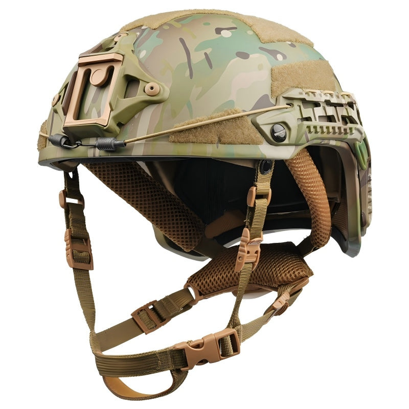 Front view of MC camo Level IIIA Caiman tactical ballistic helmet, Aramid construction with front mount, rails, and hook-and-loop patches