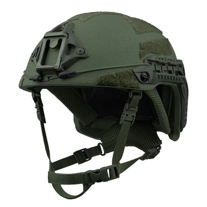 Front view of OD Green Level IIIA Caiman tactical ballistic helmet, Aramid construction with front mount, rails, and hook-and-loop patches