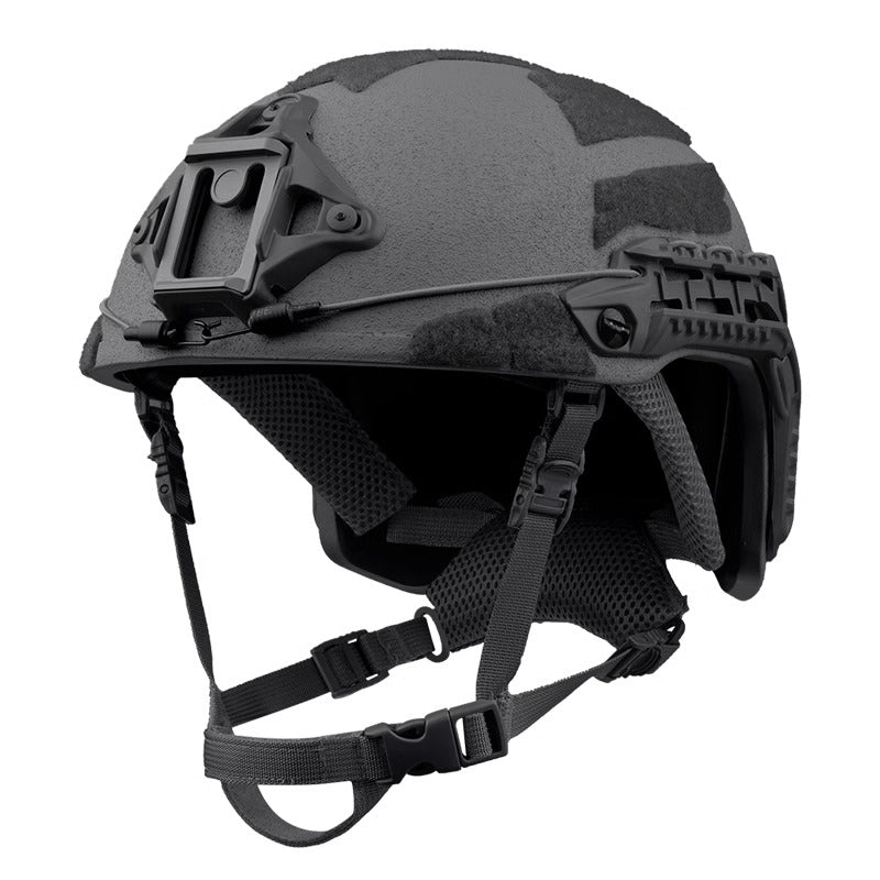 Front view of RG Green Level IIIA Caiman tactical ballistic helmet, Aramid construction with front mount, rails, and hook-and-loop patches