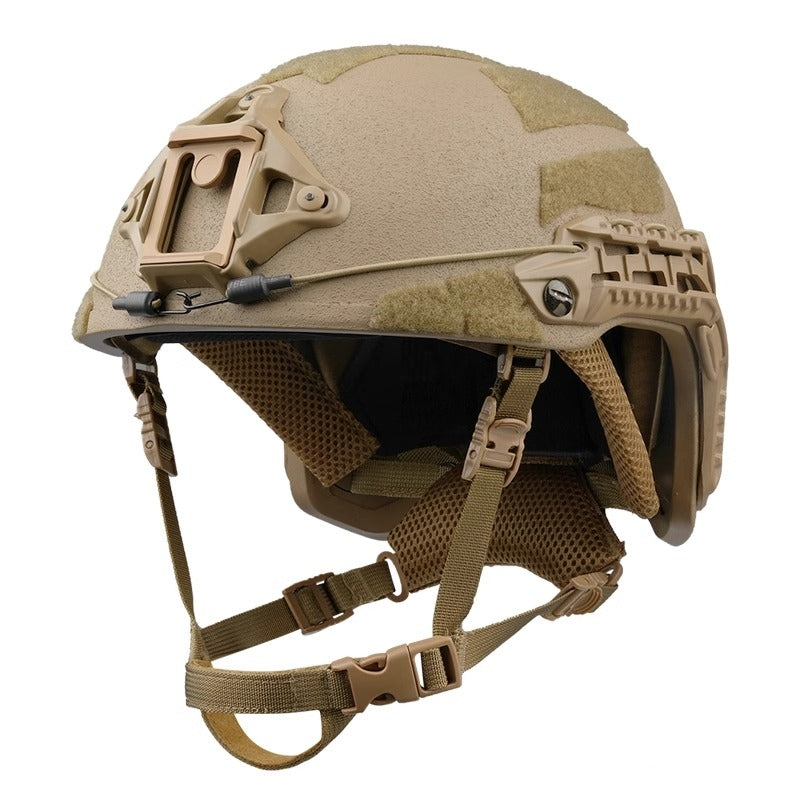 Front view of Tan Level IIIA Caiman tactical ballistic helmet, Aramid construction with front mount, rails, and hook-and-loop patches
