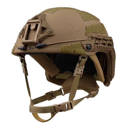 Front view of Tan Level IIIA Caiman tactical ballistic helmet, Aramid construction with front mount, rails, and hook-and-loop patches