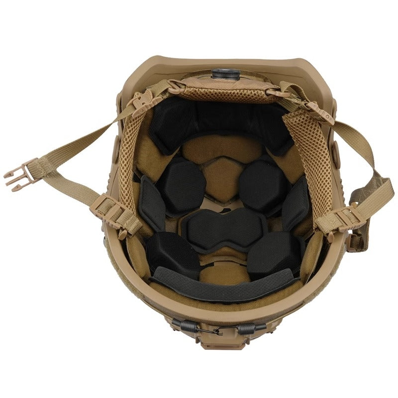 Inner view of Tan Level IIIA Caiman tactical ballistic helmet, showing padded suspension liner and Aramid shell construction