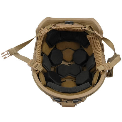 Inner view of Tan Level IIIA Caiman tactical ballistic helmet, showing padded suspension liner and Aramid shell construction