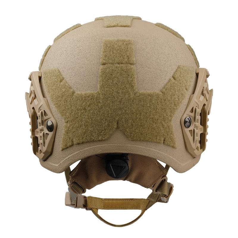 Rear view of Tan Level IIIA Caiman tactical ballistic helmet, Aramid construction with hook-and-loop patches and rear adjustment knob