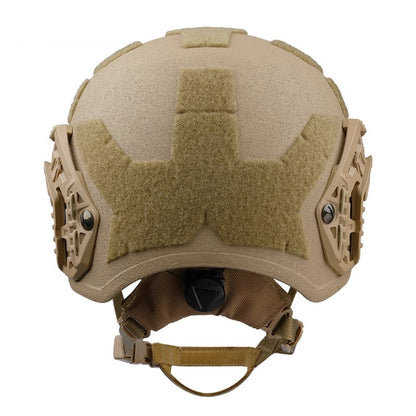 Rear view of Tan Level IIIA Caiman tactical ballistic helmet, Aramid construction with hook-and-loop patches and rear adjustment knob