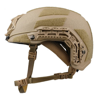 Side view of Tan Level IIIA Caiman tactical ballistic helmet, Aramid construction with side rails and hook-and-loop patches
