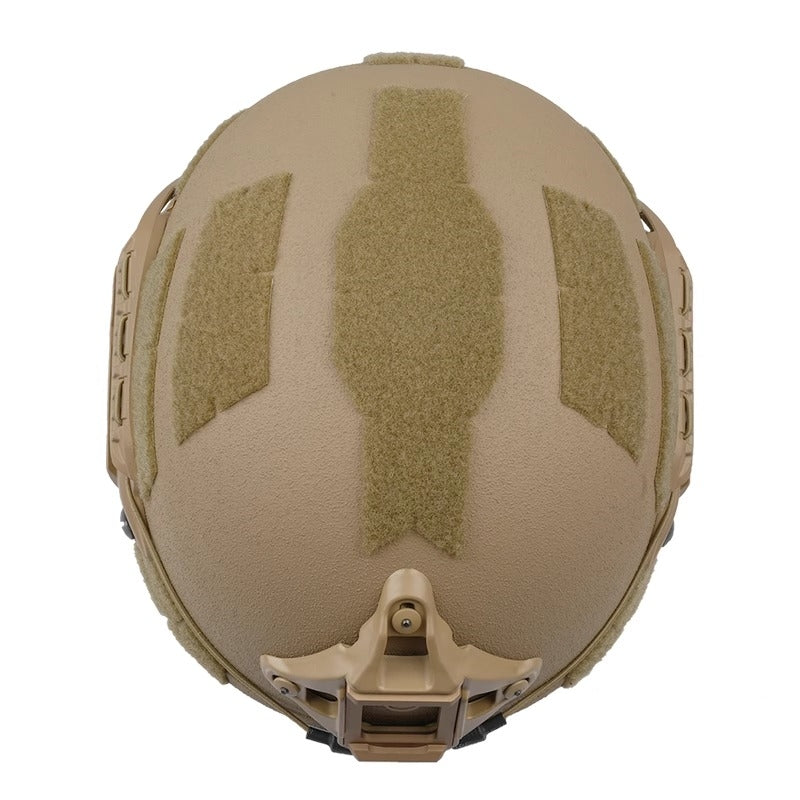 Top view of Tan Level IIIA Caiman tactical ballistic helmet, Aramid construction with full hook-and-loop shell surface