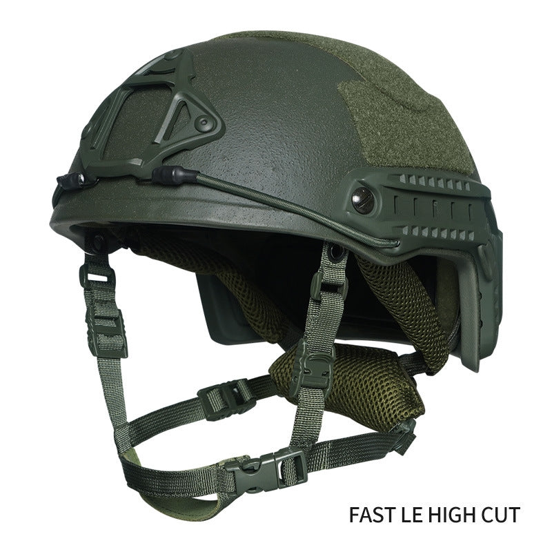Front view OD Green Level IIIA FAST LE high cut tactical ballistic helmet, UHMWPE military combat helmet with rails & hook-and-loop exterior