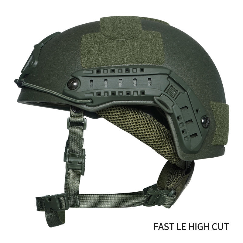 Side view OD Green Level IIIA FAST LE tactical ballistic helmet, UHMWPE military combat helmet with accessory rail
