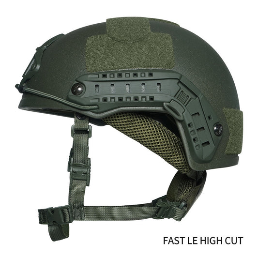 Side view OD Green Level IIIA FAST LE tactical ballistic helmet, UHMWPE military combat helmet with accessory rail