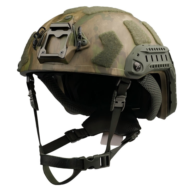 Front view of MC camo Level IIIA FAST SF maritime tactical ballistic helmet, UHMWPE military combat helmet with front mount and hook-and-loop patches