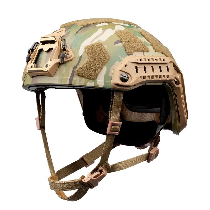 Front view of MC camo Level IIIA FAST SF maritime tactical ballistic helmet, UHMWPE military combat helmet with front mount and hook-and-loop patches
